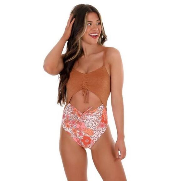 Power 2 Flower Cut Out One Piece Swimsuit in Gold Floral Medium - Picture 1 of 7